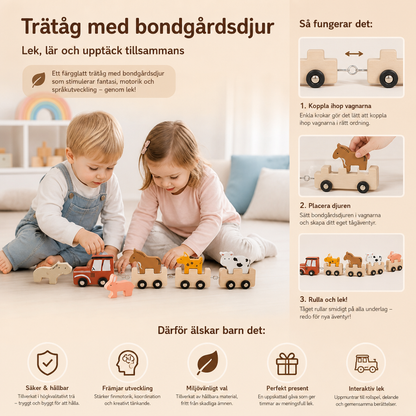Trätåg med bondgårdsdjur – leksak med flexibla hjul för barn