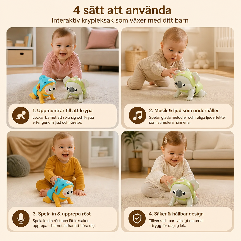 Interaktiv krypleksak för bebisar med musik och röstinspelning