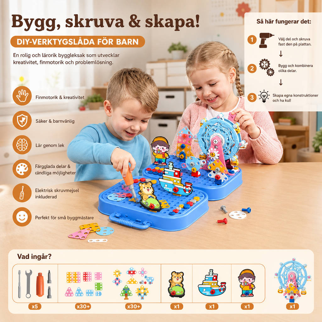 DIY-verktygslåda för barn med byggplatta, pariserhjul och borrmaskin