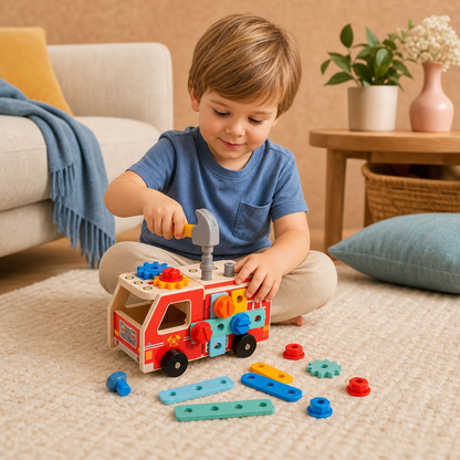 Montessori-verktygslåda i trä med brandkårsbyggsats
