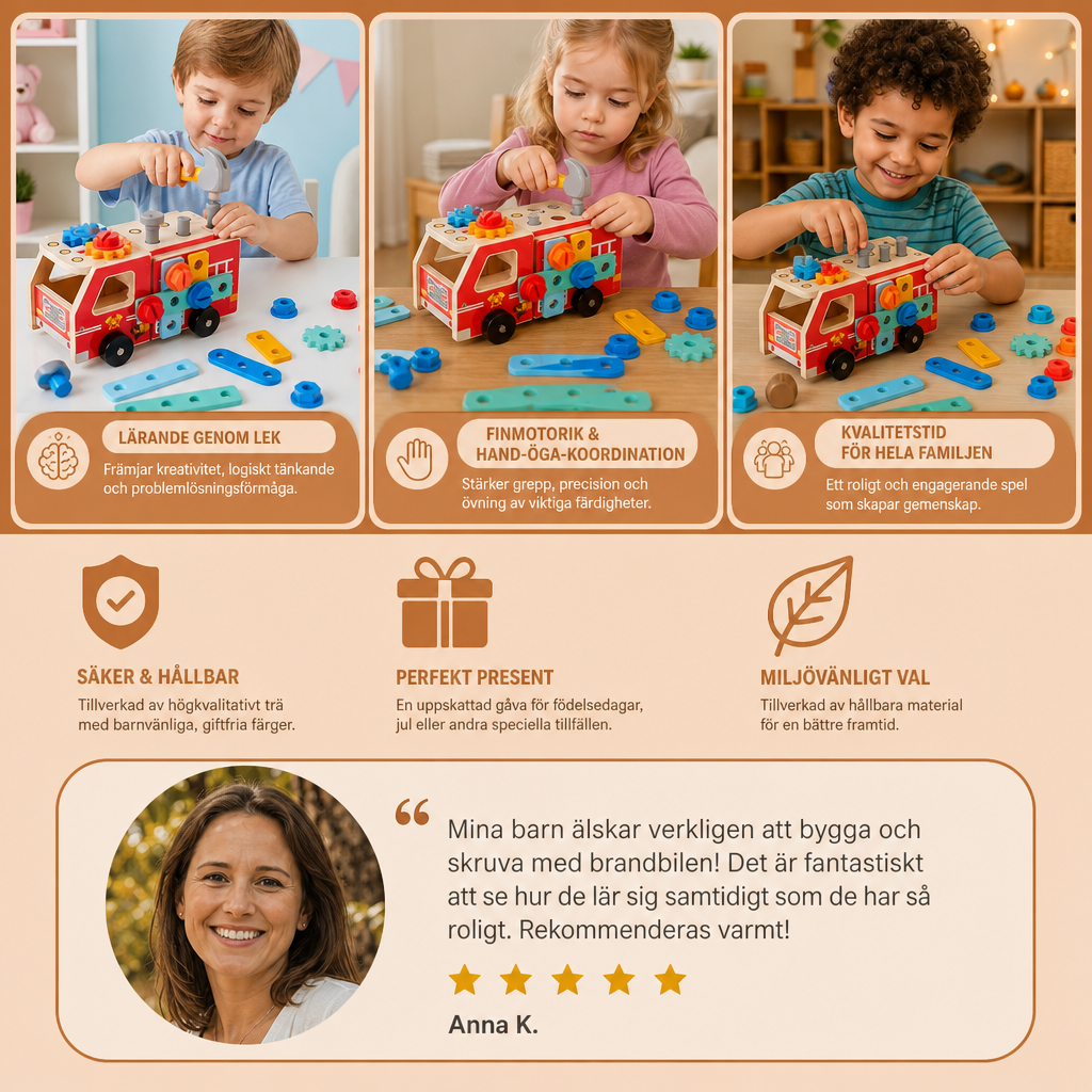 Montessori-verktygslåda i trä med brandkårsbyggsats
