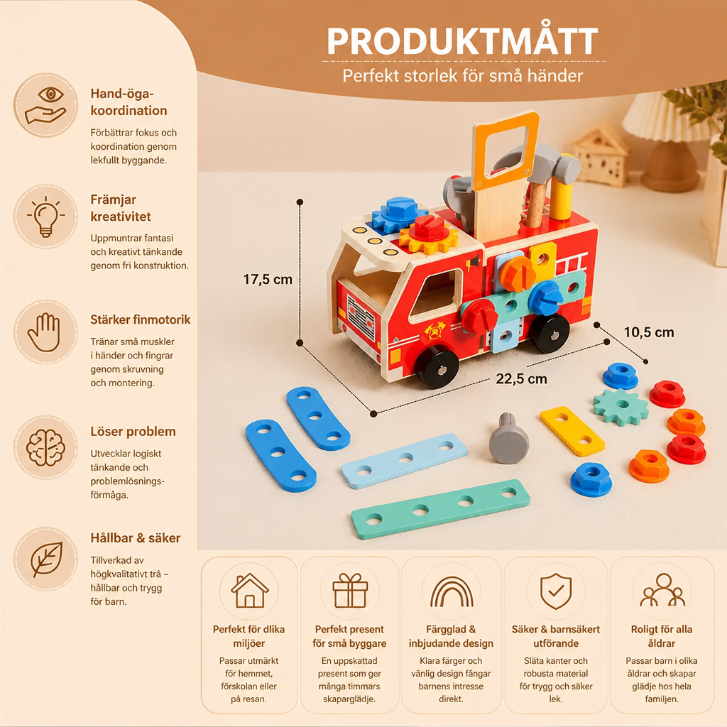 Montessori-verktygslåda i trä med brandkårsbyggsats