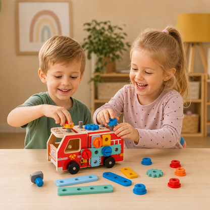 Montessori-verktygslåda i trä med brandkårsbyggsats