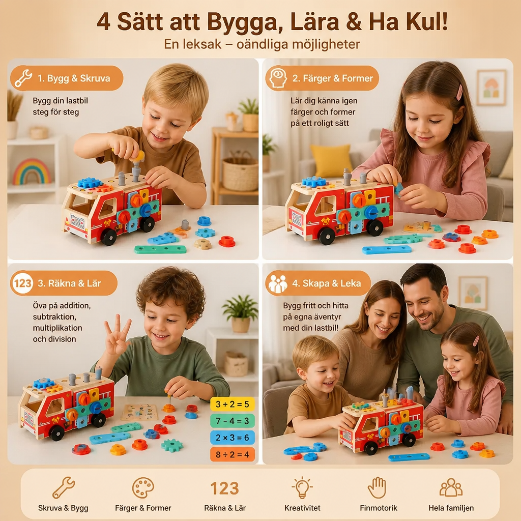 Montessori-verktygslåda i trä med brandkårsbyggsats