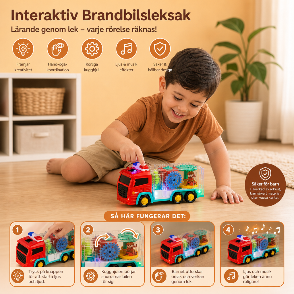 Interaktiv Brandbilsleksak med Färgglada, Rörliga Kugghjul