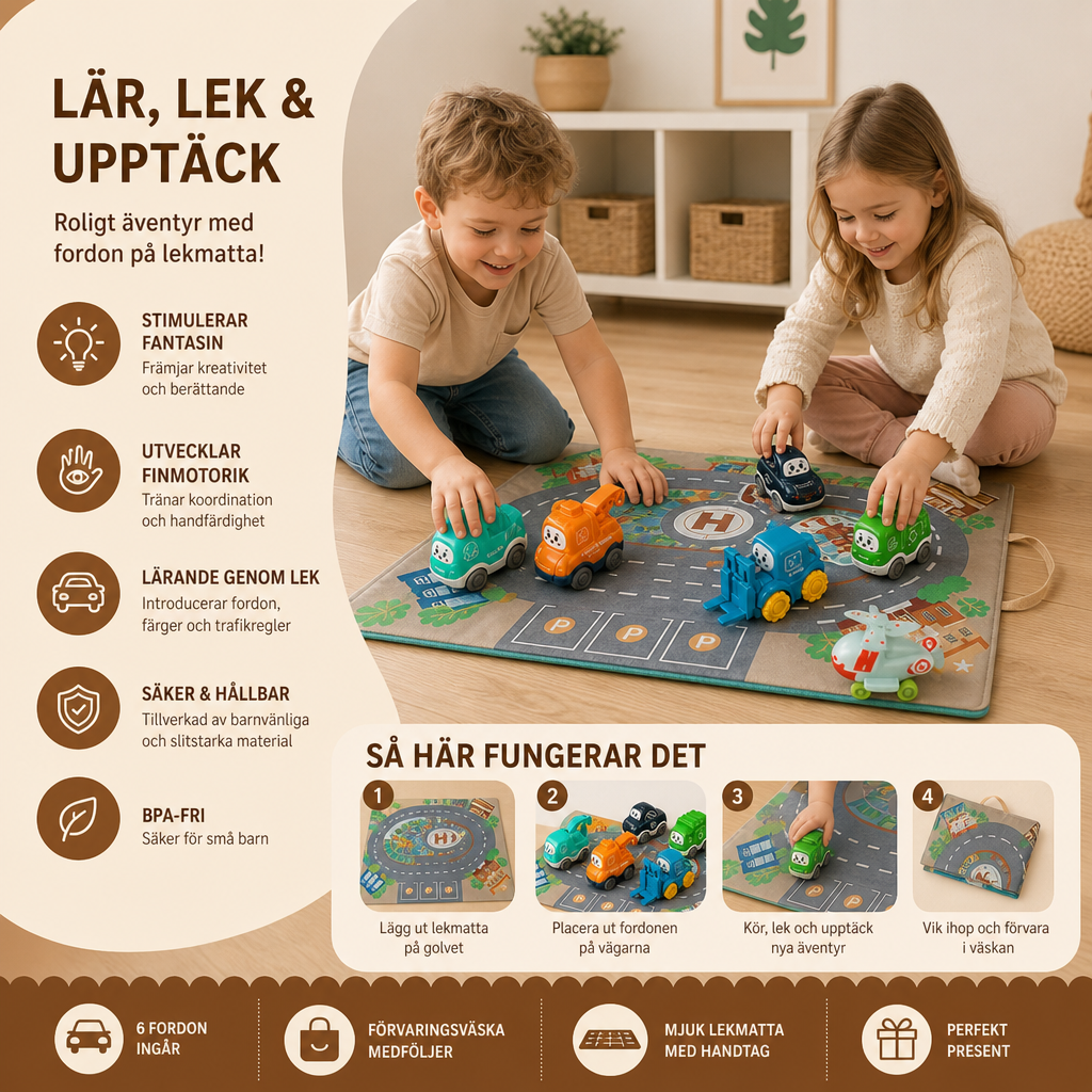 Leksaksset med lastbilar och bilar för småbarn med lekmatta och förvaringsväska