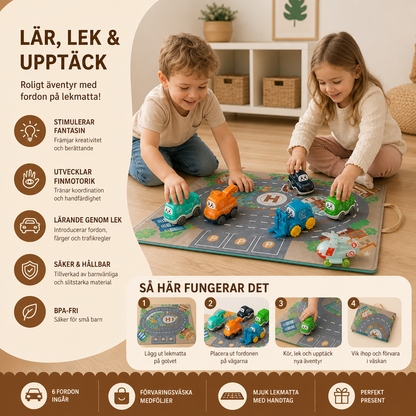 Leksaksset med lastbilar och bilar för småbarn med lekmatta och förvaringsväska
