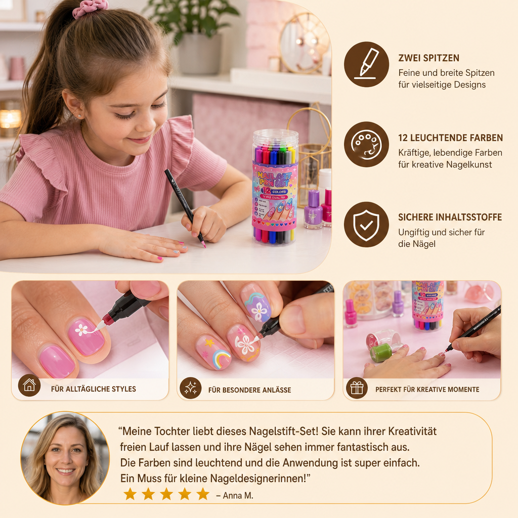 Set med 12 Nagelpennor med Dubbla Spetsar – Fina Detaljer och Kreativa Designer