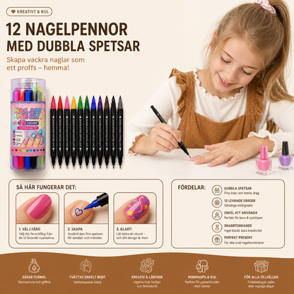 Set med 12 Nagelpennor med Dubbla Spetsar – Fina Detaljer och Kreativa Designer