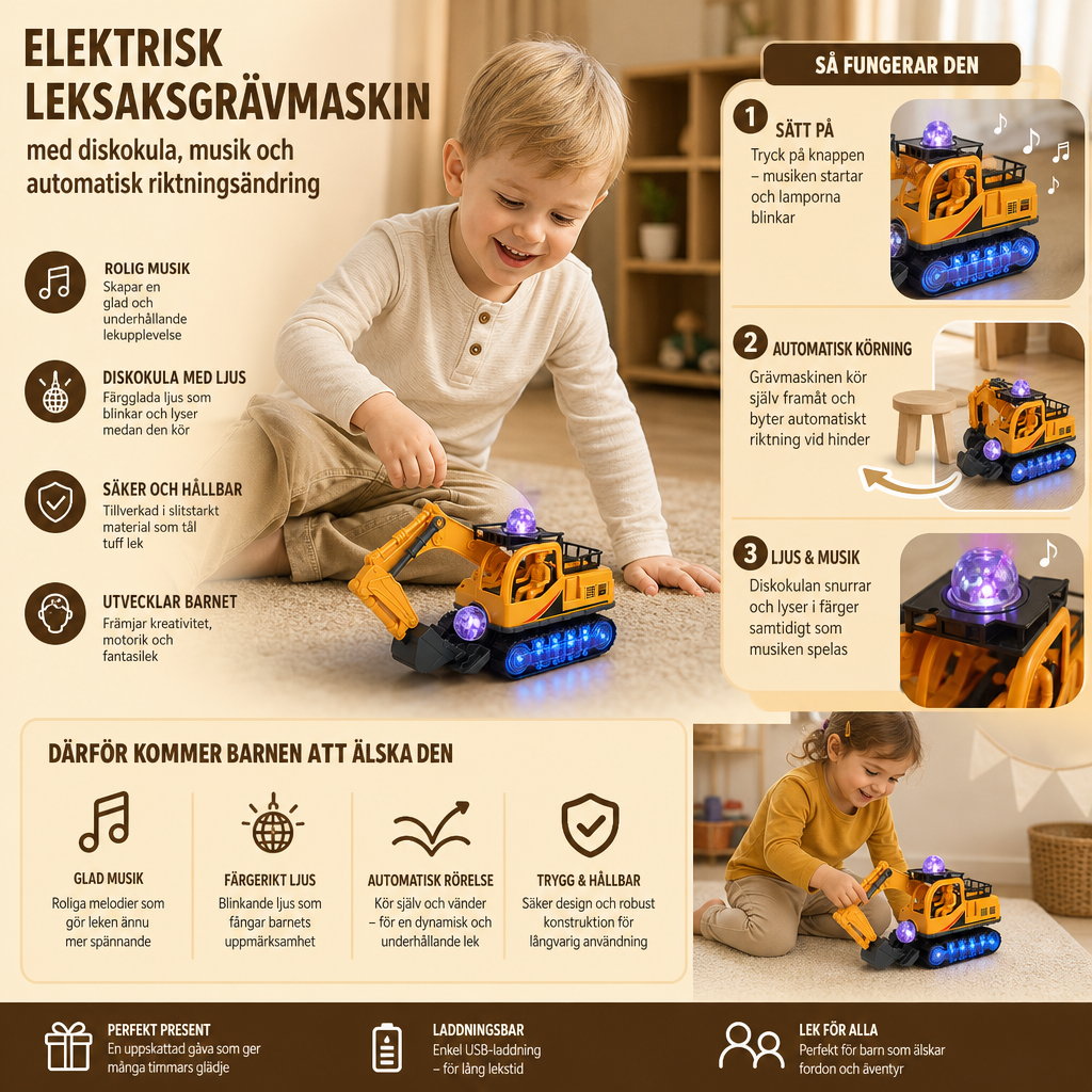 Elektrisk Leksaksgrävmaskin Med Diskokula, Musik Och Automatisk Riktningsändring