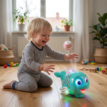 Interaktiv svävande fiskleksak med boll, ljus och musik