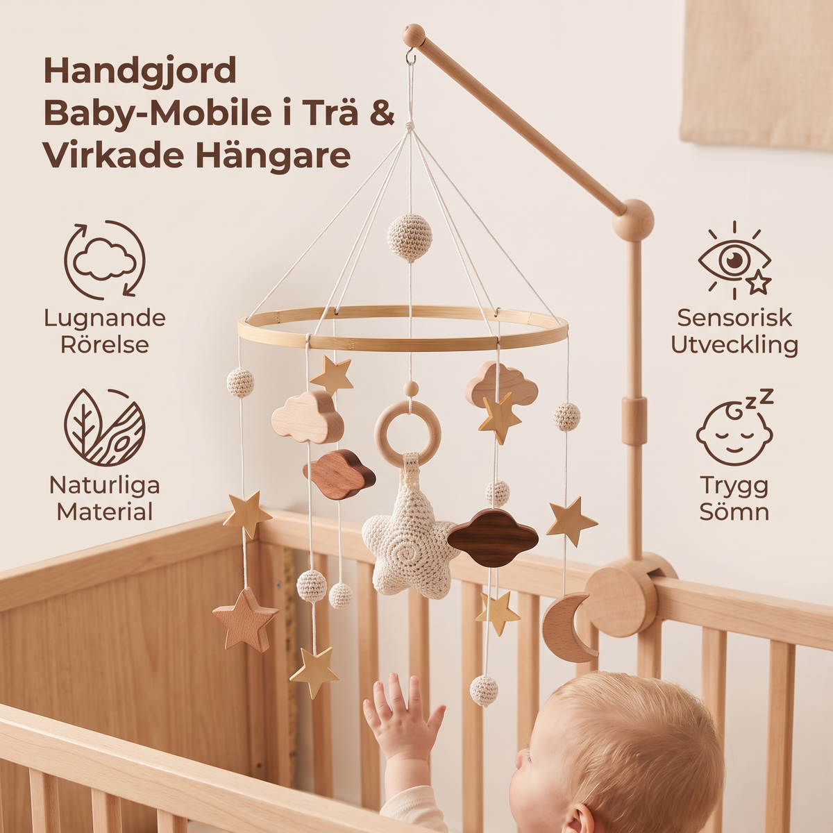 Handgjord Baby-Mobile i Trä & Virkade Hängare – Beroligande Sängleksak för Nyfödda
