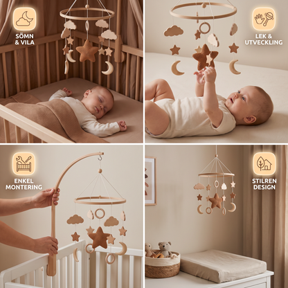 Handgjord Baby-Mobile i Trä & Virkade Hängare – Beroligande Sängleksak för Nyfödda