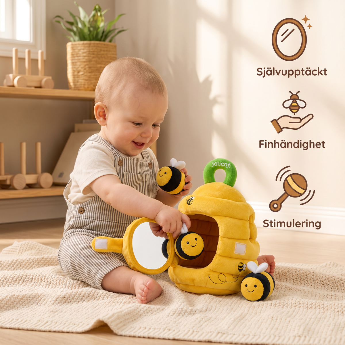 Sensorisk leksak i form av en liten bikupa med skramlande bin, pip och spegel