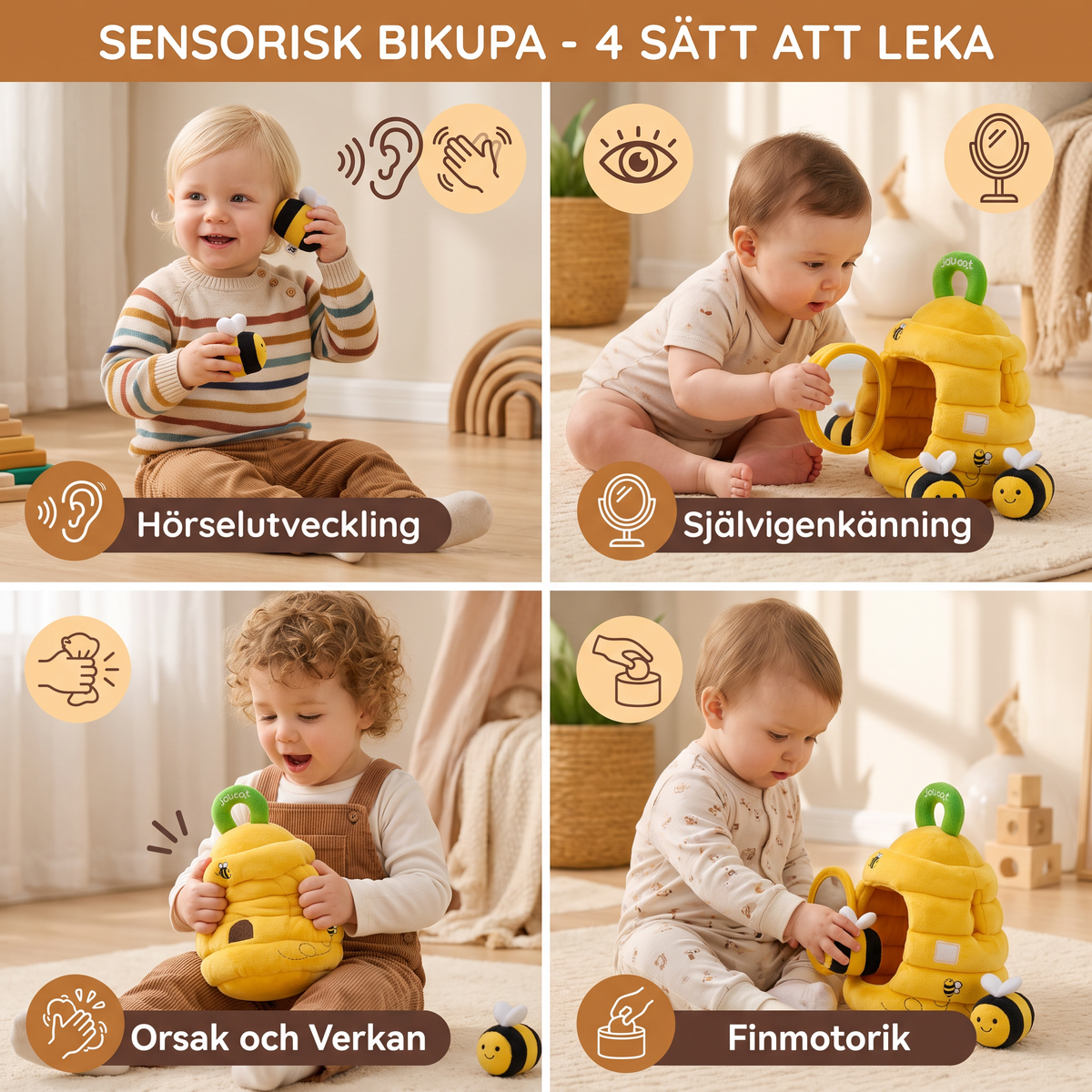Sensorisk leksak i form av en liten bikupa med skramlande bin, pip och spegel