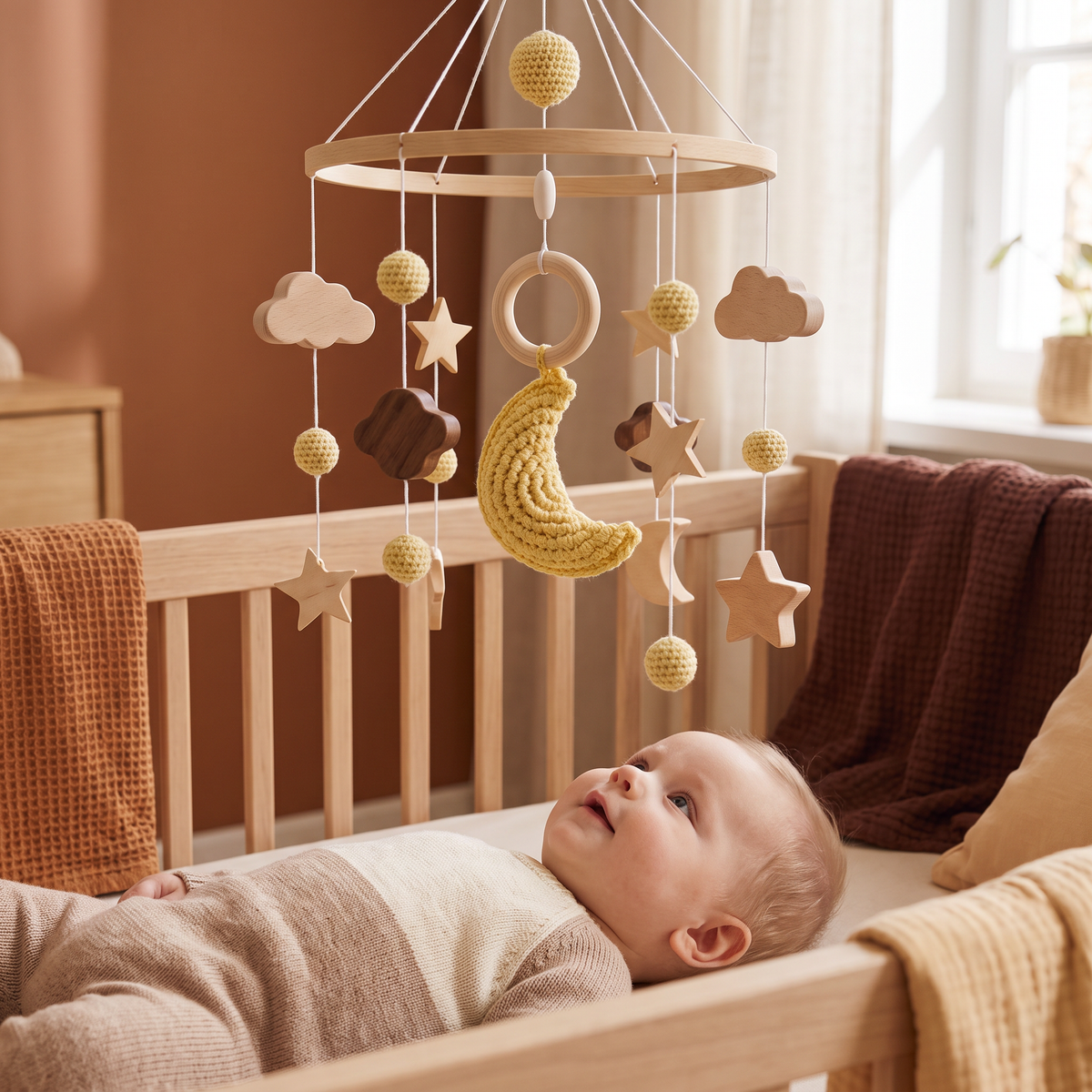 Handgjord Baby-Mobile i Trä & Virkade Hängare – Beroligande Sängleksak för Nyfödda
