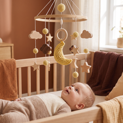 Handgjord Baby-Mobile i Trä & Virkade Hängare – Beroligande Sängleksak för Nyfödda