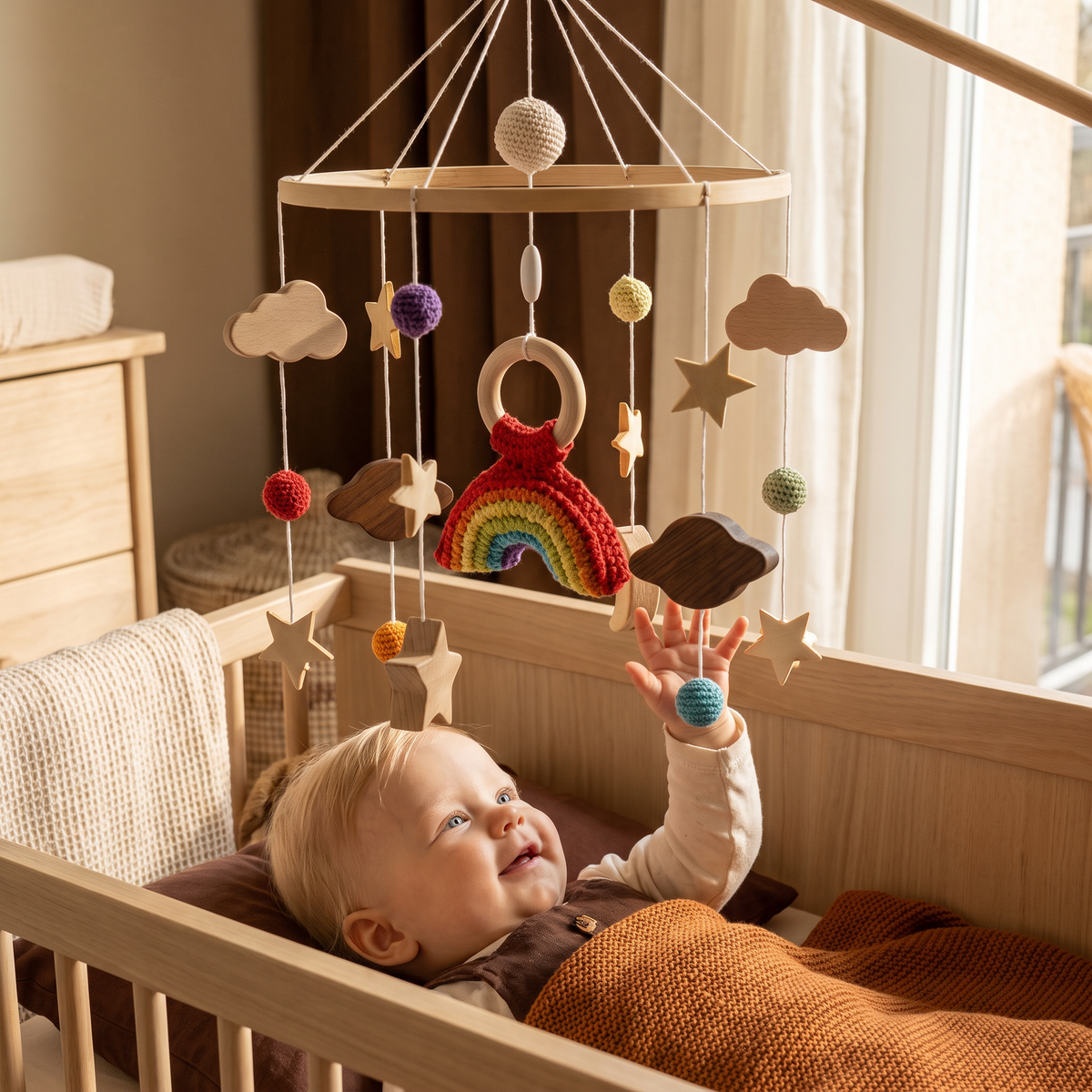 Handgjord Baby-Mobile i Trä & Virkade Hängare – Beroligande Sängleksak för Nyfödda