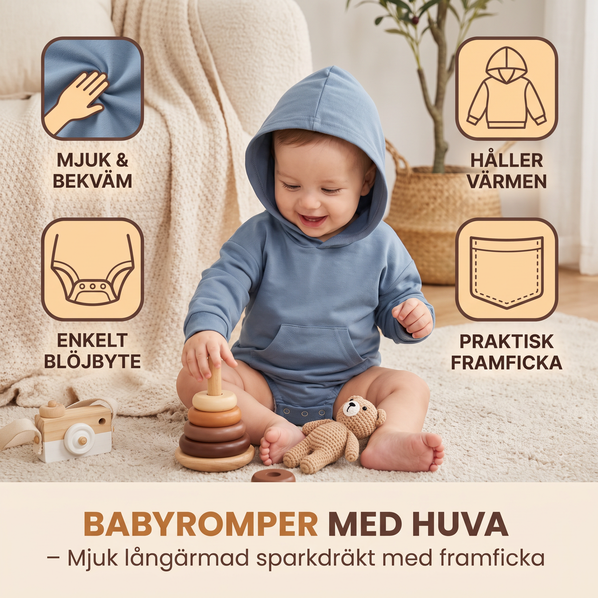 Babyromper med huva – Mjuk långärmad sparkdräkt med framficka