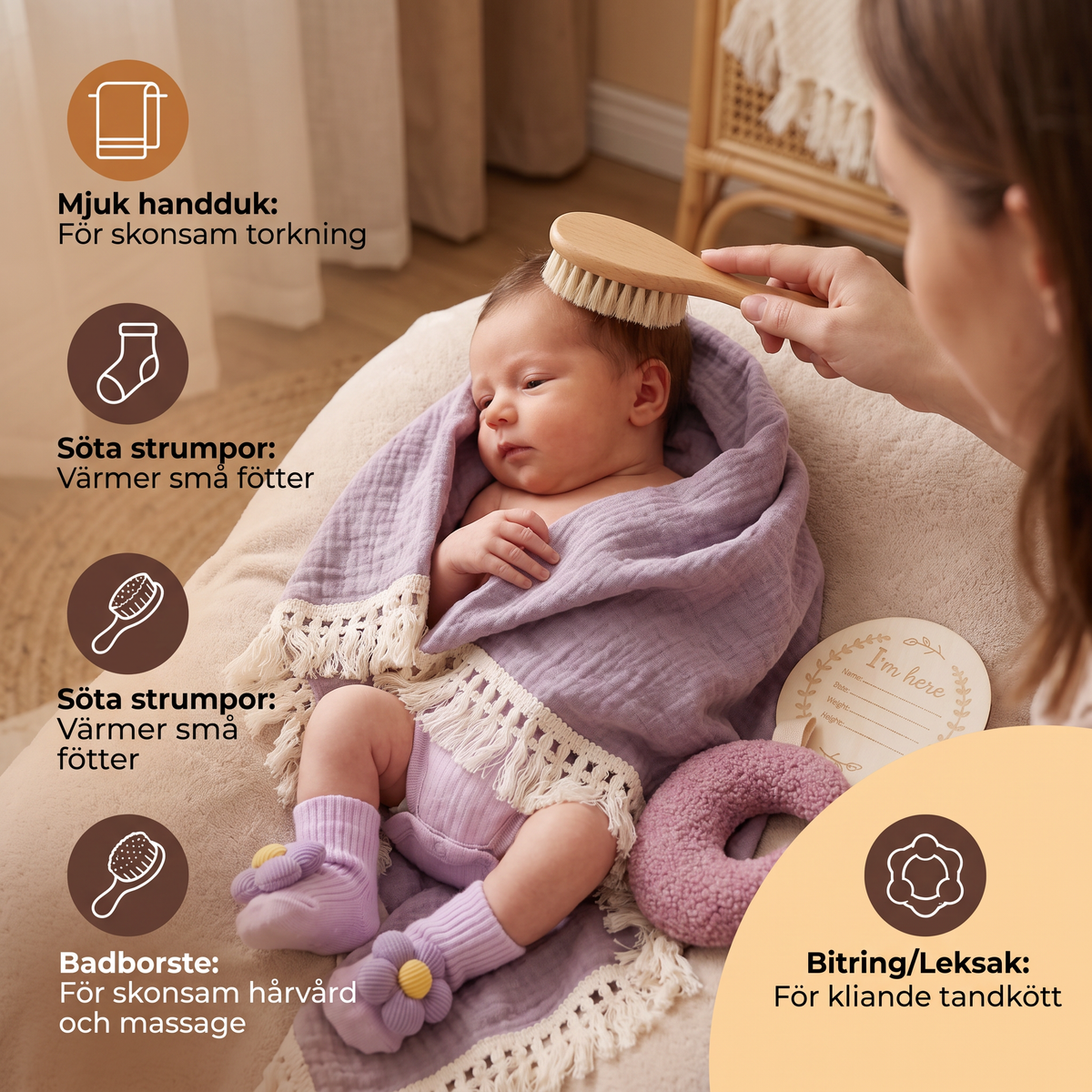 Babyvårdspresentbox – handduk, strumpor eller hårband och badborste för nyfödda