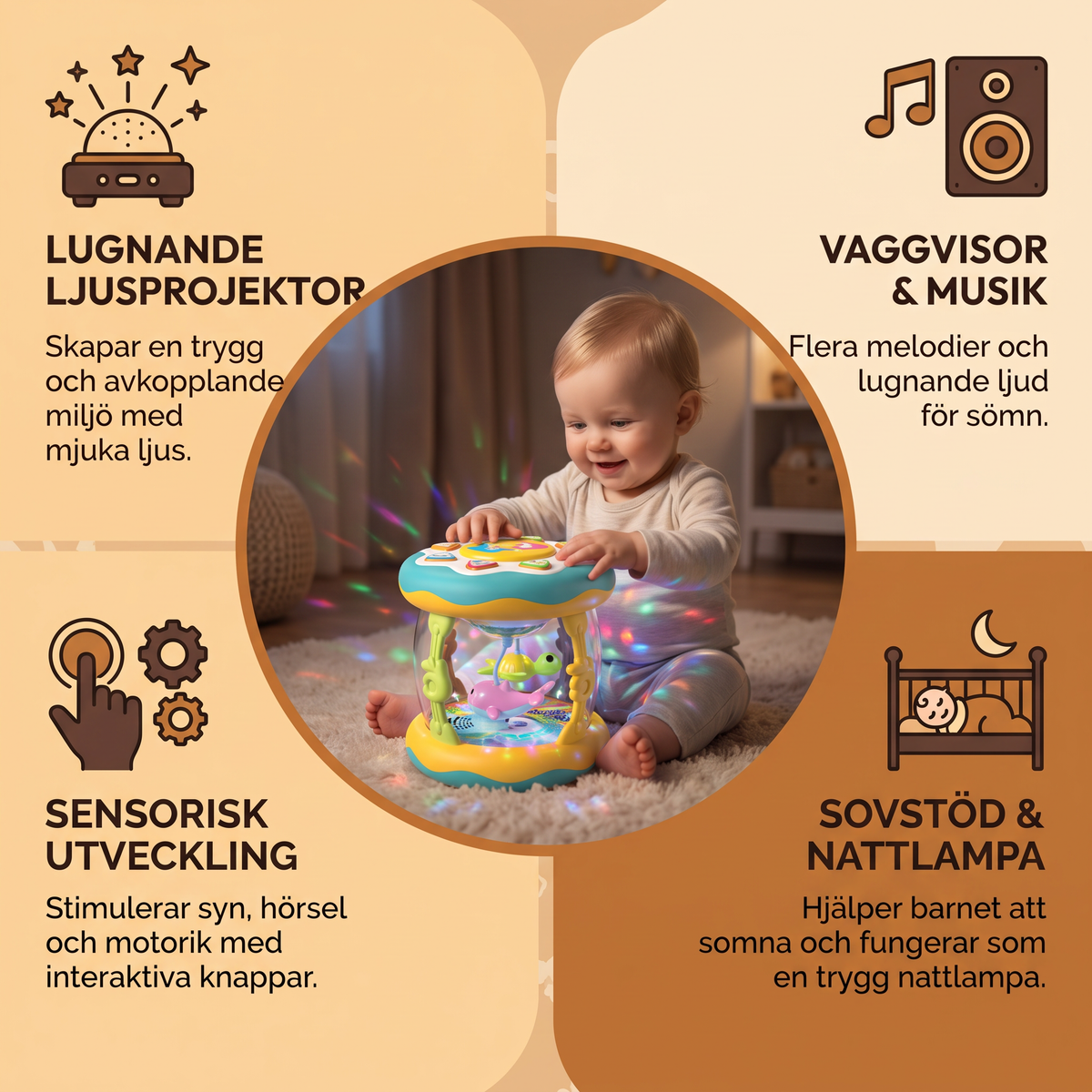 Interaktiv musikleksak med ljus – Montessori-sensorleksak med lugnande vaggvisor
