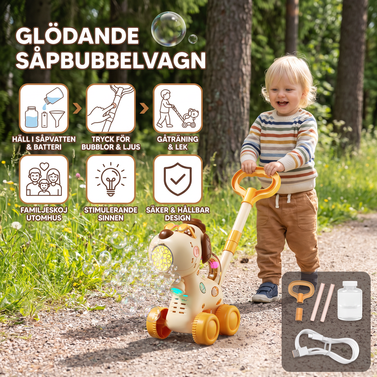 Glödande såpbubbelvagn – Skjutleksak för barn