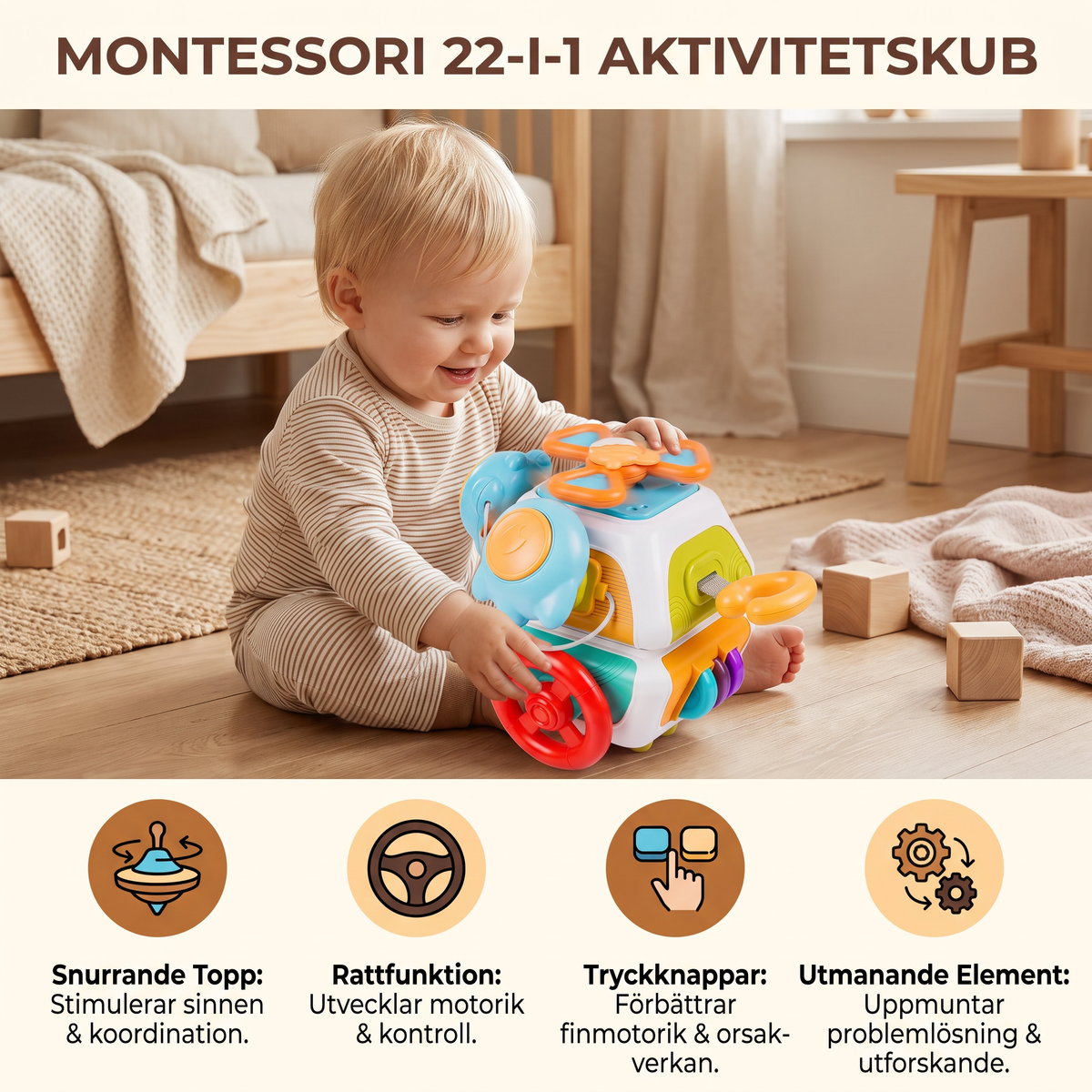 Montessori 22-i-1 Aktivitetskub för Småbarn – Leksak för Motorik och Utforskande