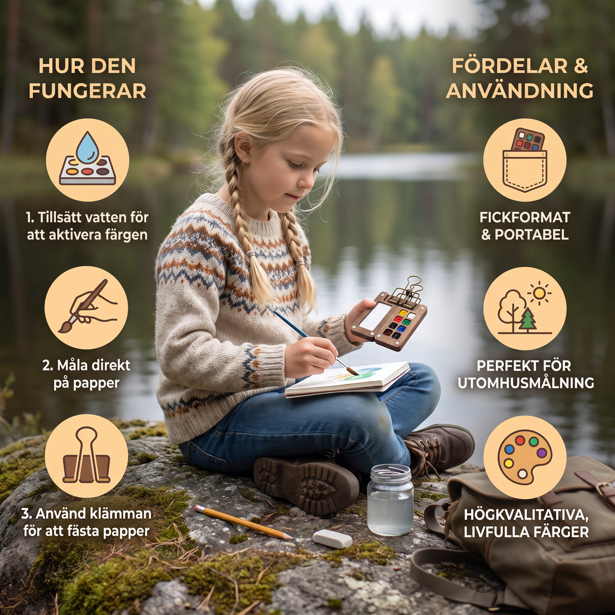 Mini Reseakvarellpalett – Fickformat Målarset med Kompakt Träetui