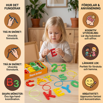 Bokstäver, siffror och färger – träträningsspel med snörning