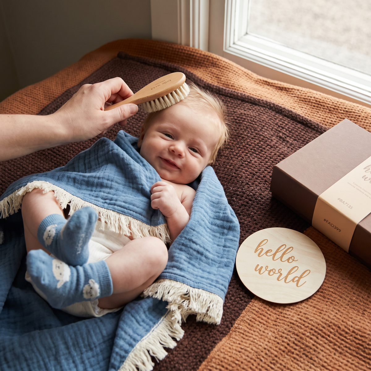 Babyvårdspresentbox – handduk, strumpor eller hårband och badborste för nyfödda