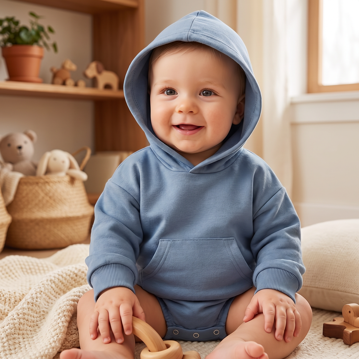 Babyromper med huva – Mjuk långärmad sparkdräkt med framficka