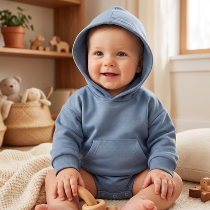 Babyromper med huva – Mjuk långärmad sparkdräkt med framficka