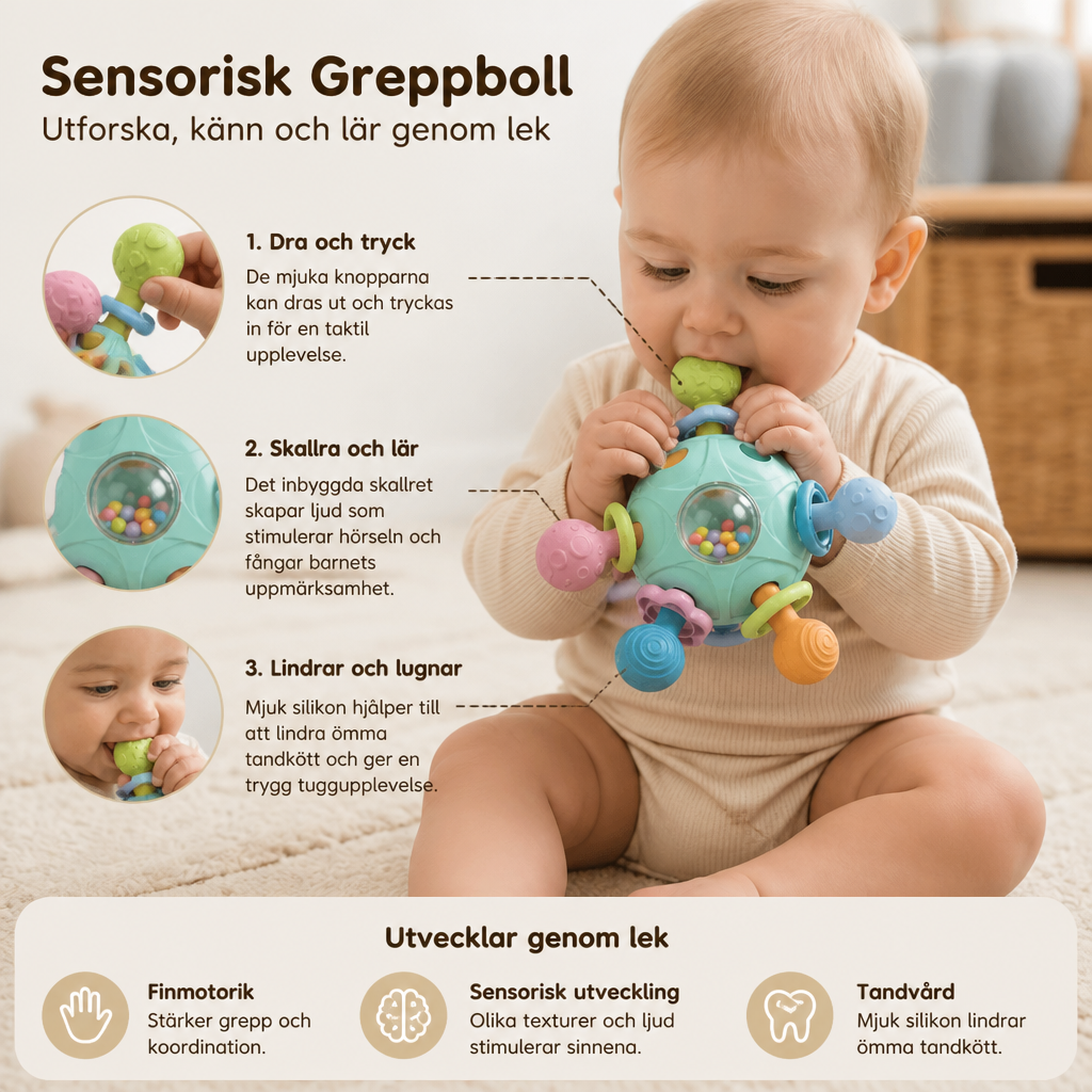 Sensorisk Greppboll för Bebisar med Silikongyckel och Skallra