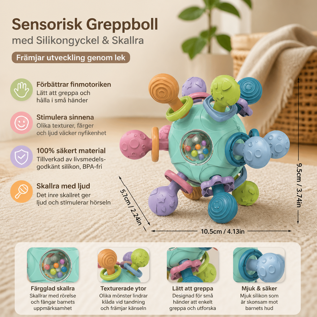 Sensorisk Greppboll för Bebisar med Silikongyckel och Skallra
