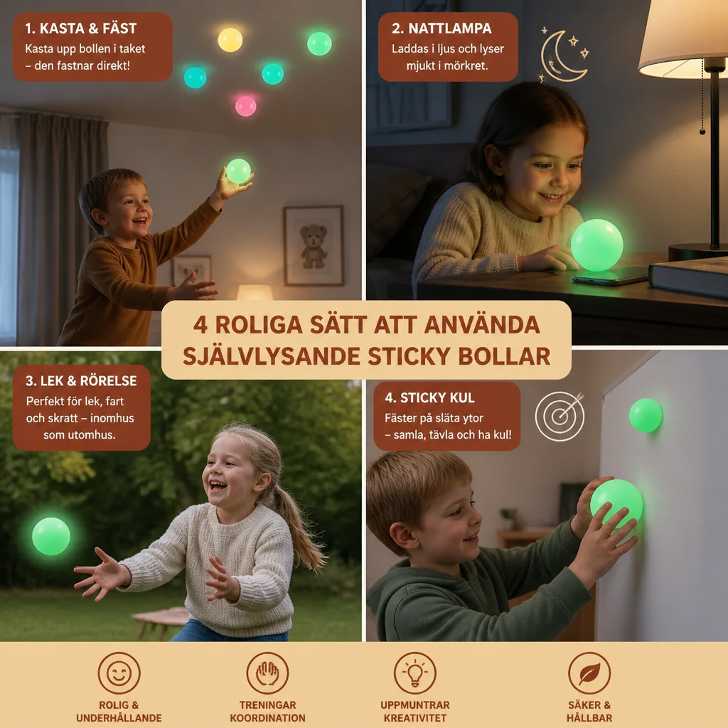Självlysande Sticky Bollar – Kasta och Fäst Leksak för Tak för Barn och Vuxna