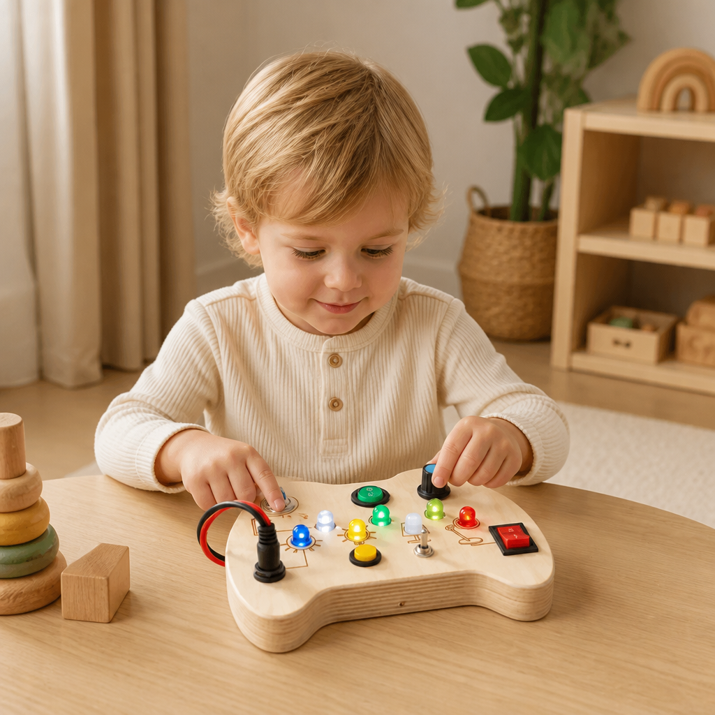 LED Controller Busy Board i Trä – Montessori Leksak för Att Främja Motorik