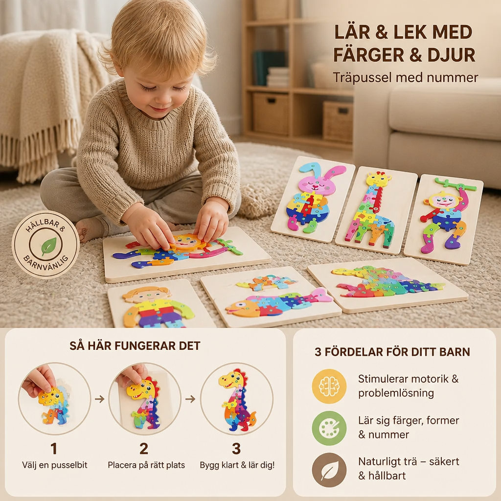 Trä Pussel Set för Barn – Lärande Pussel med Nummer & Djur