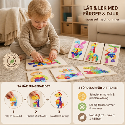 Trä Pussel Set för Barn – Lärande Pussel med Nummer & Djur
