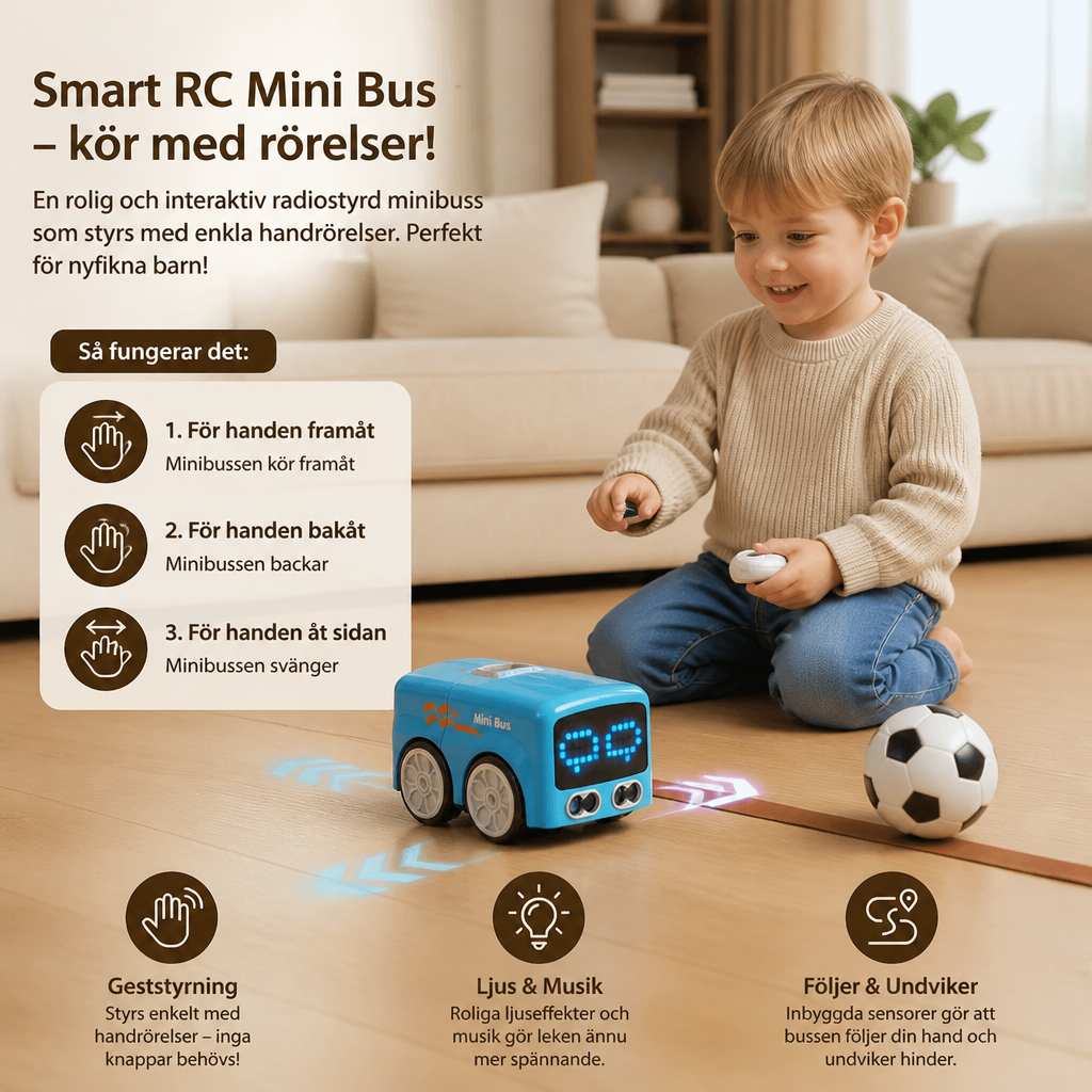Smart RC Mini Bus Leksak – Geststyrning Ljusupplyst Tecknad Bil för Barn