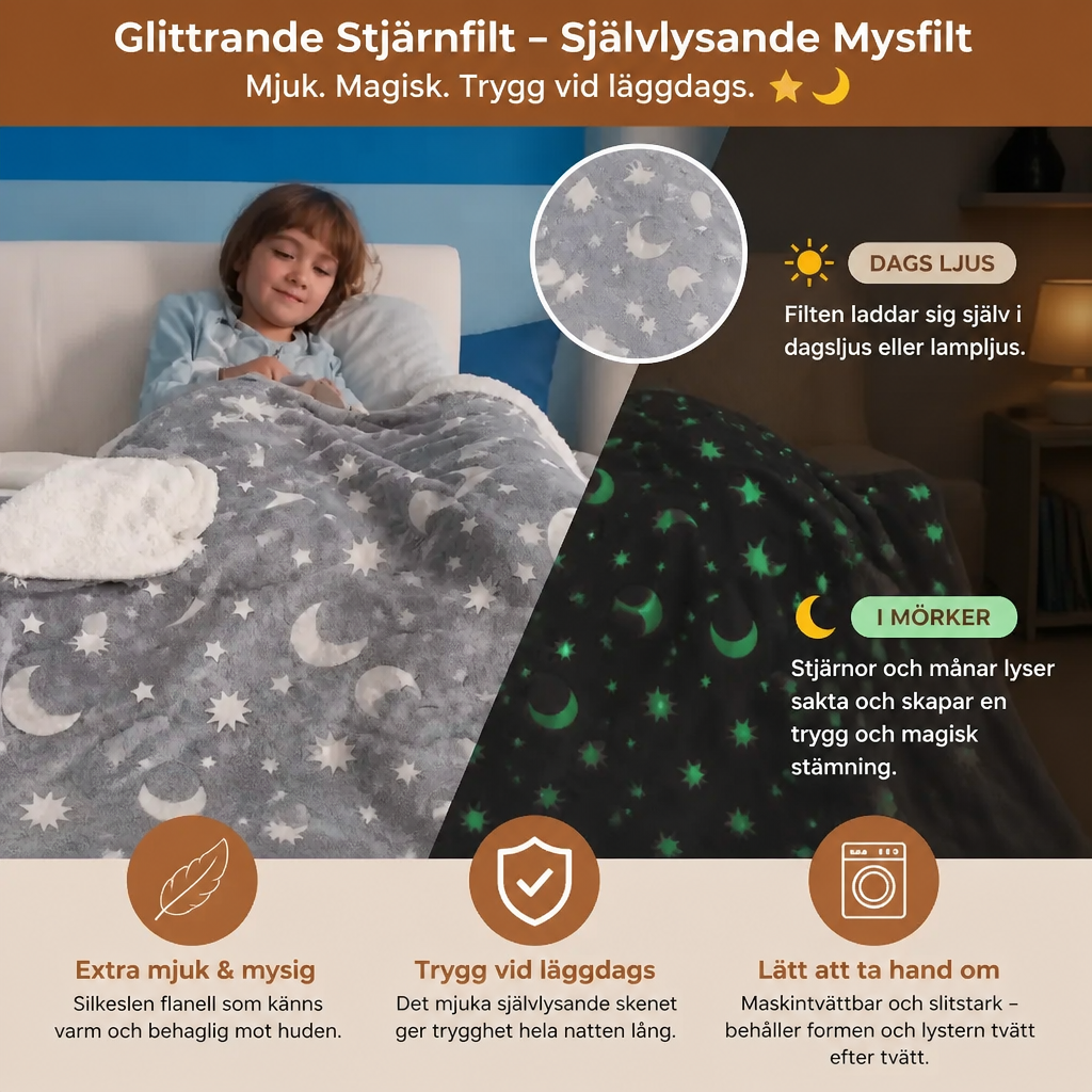 Glittrande stjärnfilt – självlysande mysfilt