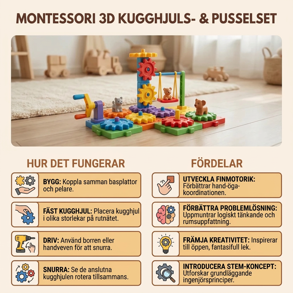Montessori 3D Kugghjul Och Pusselbitar