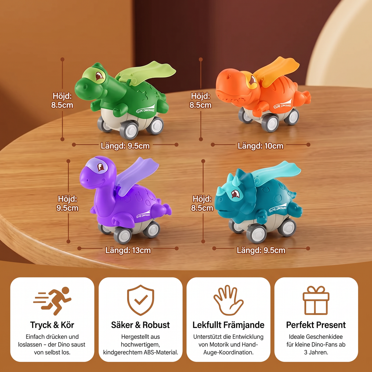 Press & Go Dinosauriebilar – Rullande Dinosaurieleksaker för Barn