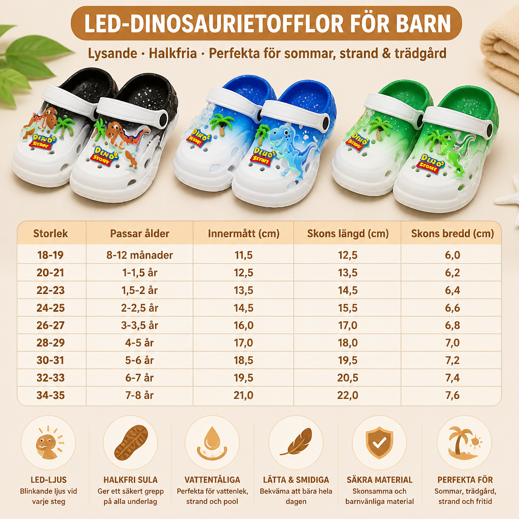 LED-Dinosaurietofflor för Barn – Lysande Halkfria Sommar- och Strandskor för Trädgård och Strand
