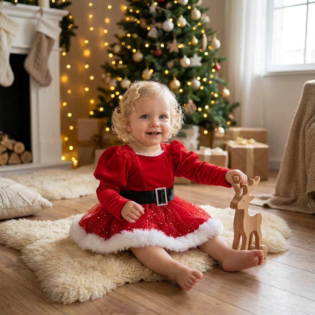 Babyklänning med Långa Ärmar och Inbyggd Body för Flickans Första Jul