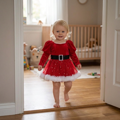 Babyklänning med Långa Ärmar och Inbyggd Body för Flickans Första Jul