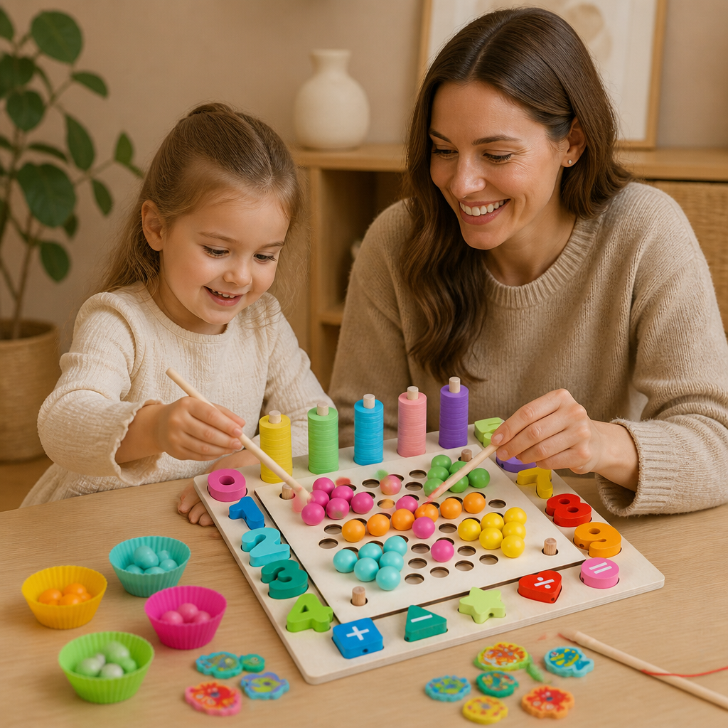 6-i-1 Montessori Träfiskespel – Leksak För Siffer-, Färg- & Finmotorikträning För Barn