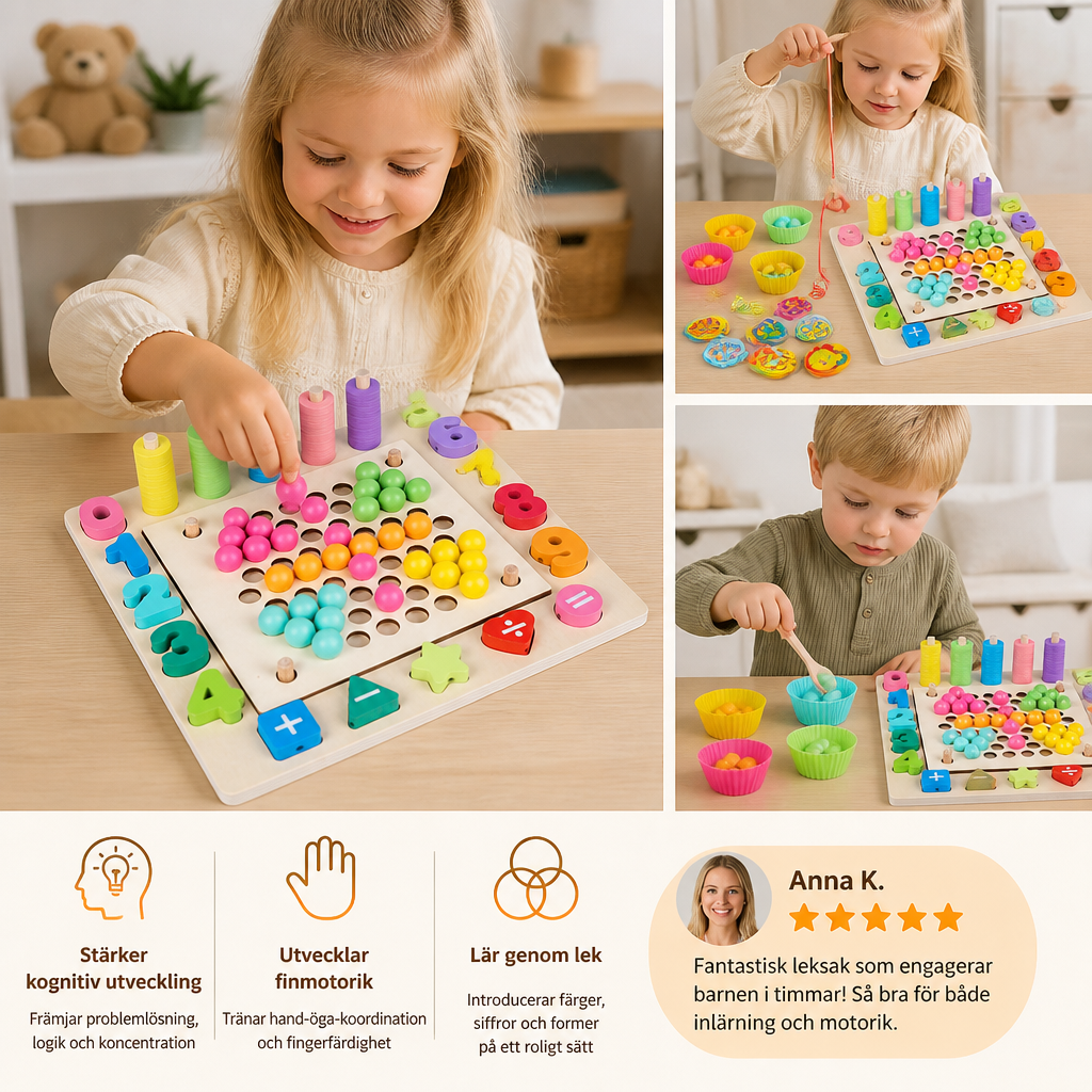 6-i-1 Montessori Träfiskespel – Leksak För Siffer-, Färg- & Finmotorikträning För Barn