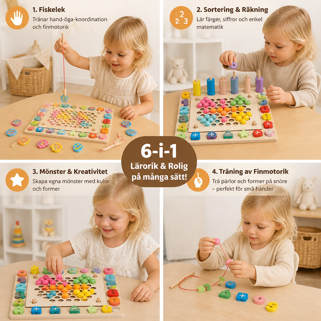 6-i-1 Montessori Träfiskespel – Leksak För Siffer-, Färg- & Finmotorikträning För Barn