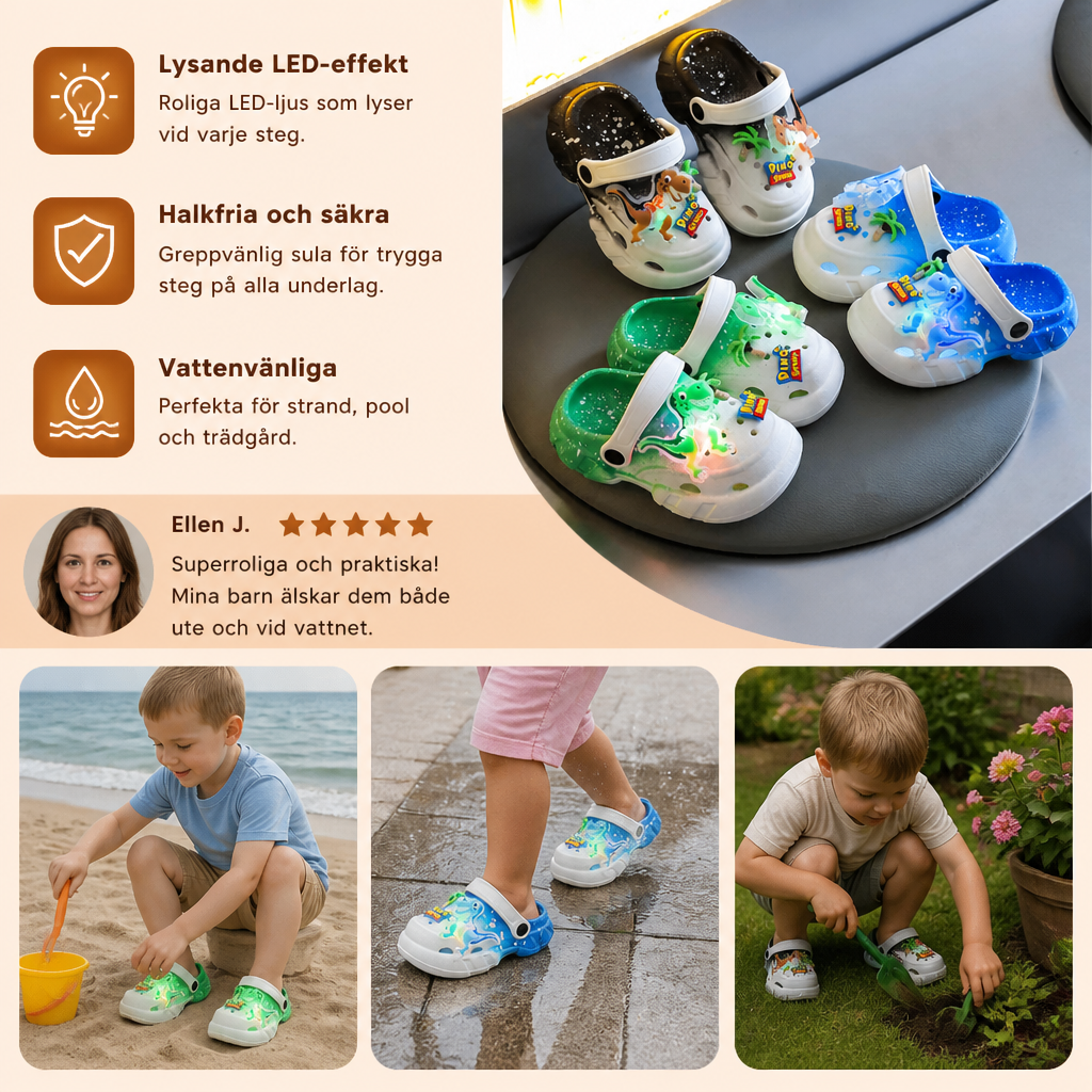LED-Dinosaurietofflor för Barn – Lysande Halkfria Sommar- och Strandskor för Trädgård och Strand