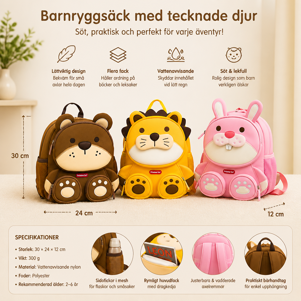 Barnryggsäck med tecknade djur – Lätt skolväska med flera fack